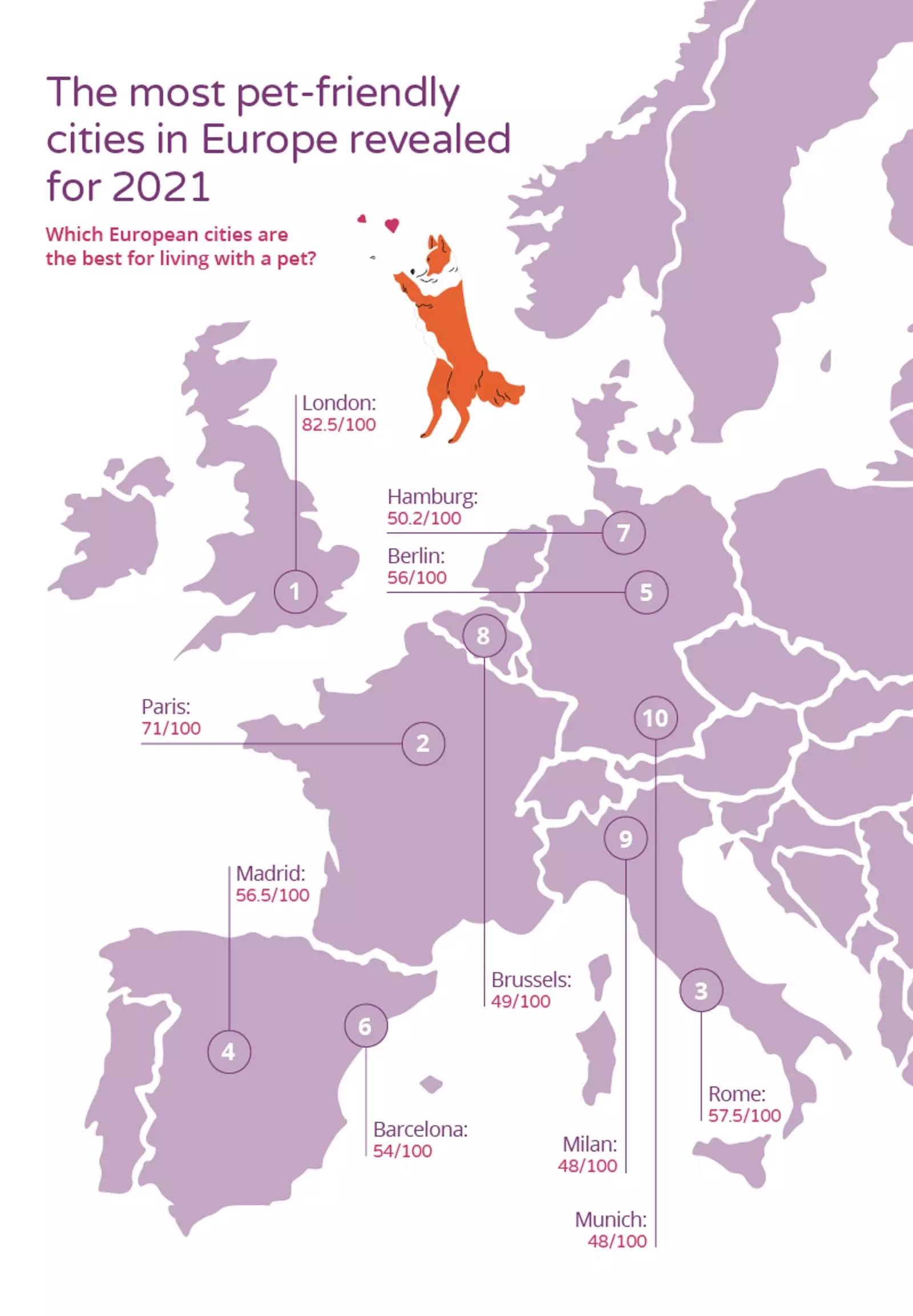 Mappa con le città più "pet friendly" d'Europa.