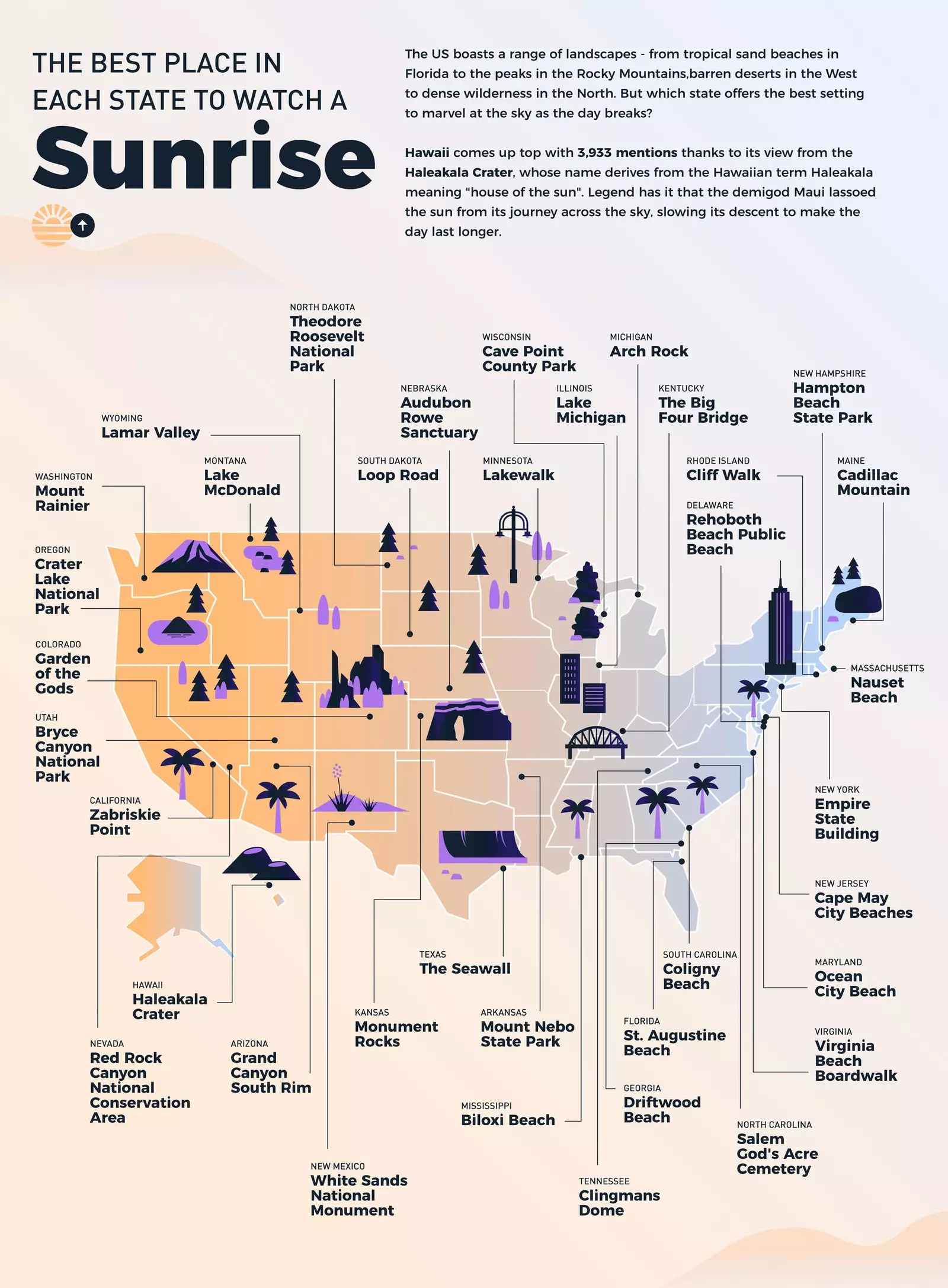 Mapa s nejlepšími východy slunce ve Spojených státech