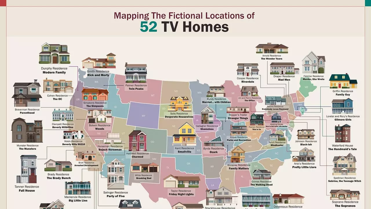 Kortið með 52 húsum frægustu þáttaraðarinnar í Bandaríkjunum