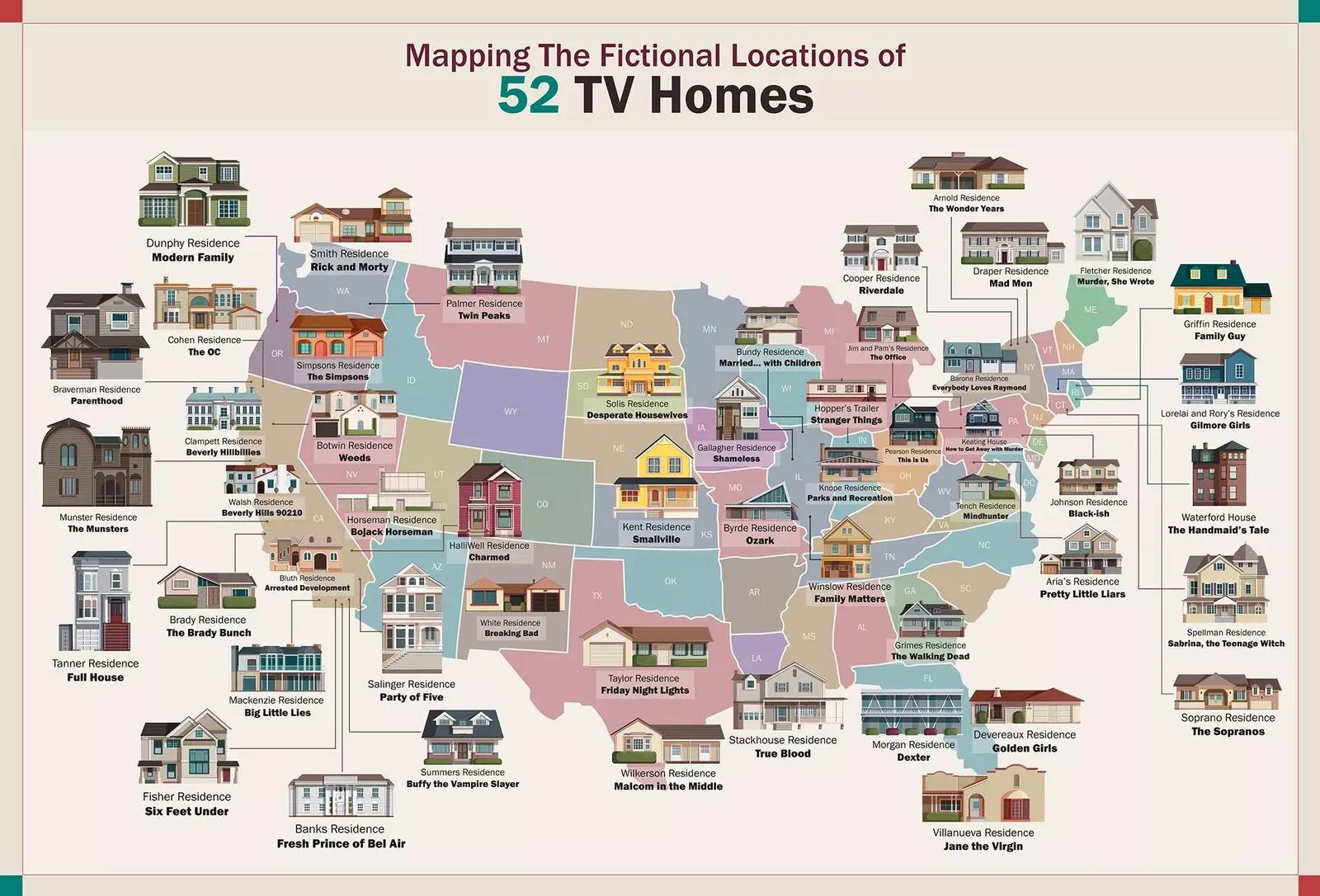 Welche amerikanische Serie ist Ihre Lieblingsserie? Suchen Sie auf dieser Karte nach dem berühmtesten Haus!