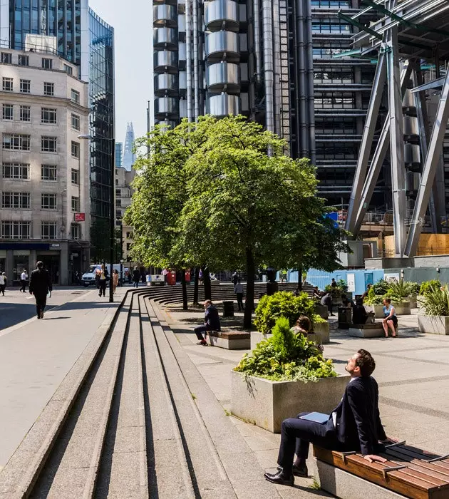 Sunbathing under the Lloyds building