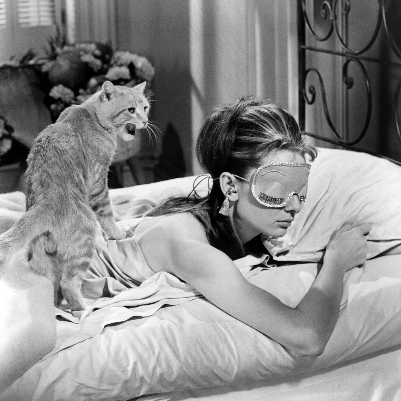 Scena „Pusryčiai pas Tiffany“ – katė lovoje ant Audrey Hepburn