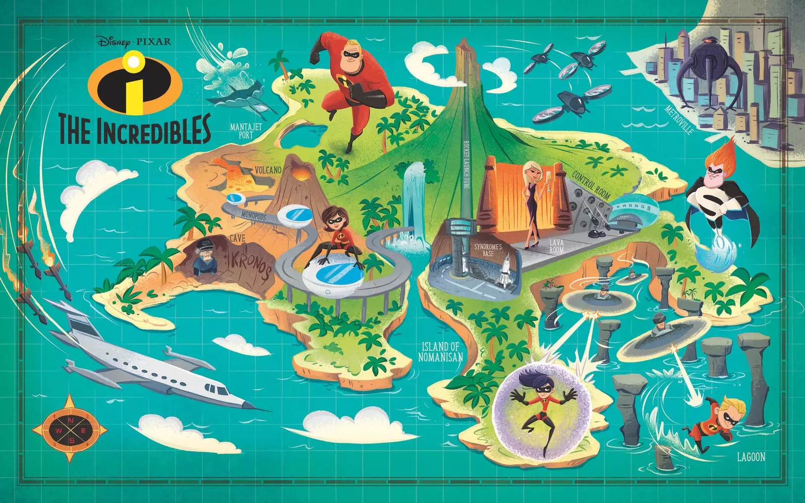 'Disney Maps A Magical Atlas of the Movies of the Magical Atlas' စာအုပ်မှ The Incredibles မြေပုံ