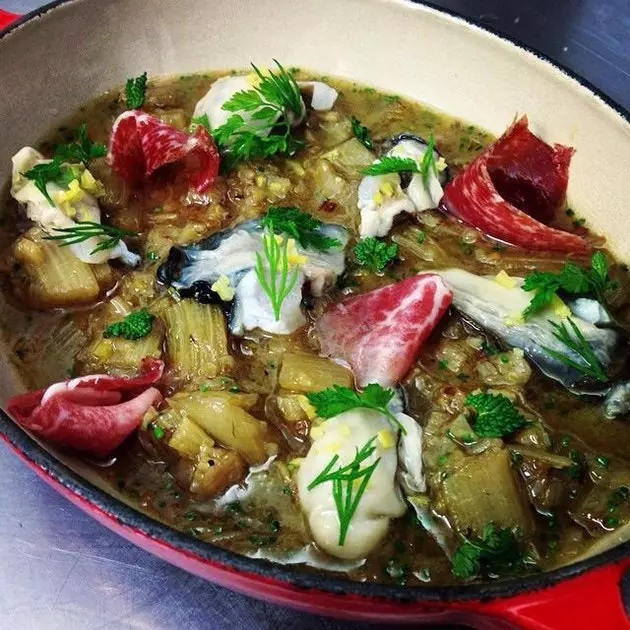 Fresh cardoon with aniseed oysters and Iberian slices