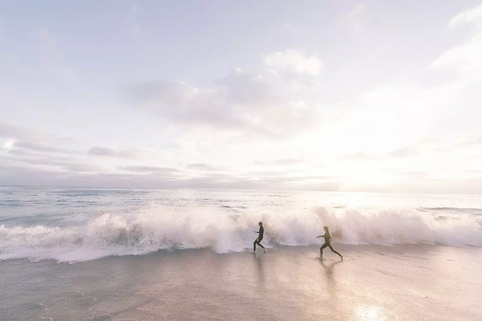 Two people playing with the waves on the beach