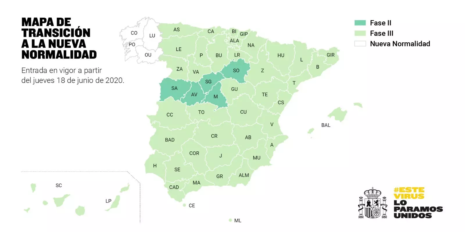 Kartta, joka näyttää missä vaiheessa eskalaatiota kukin Espanjan alue sijaitsee