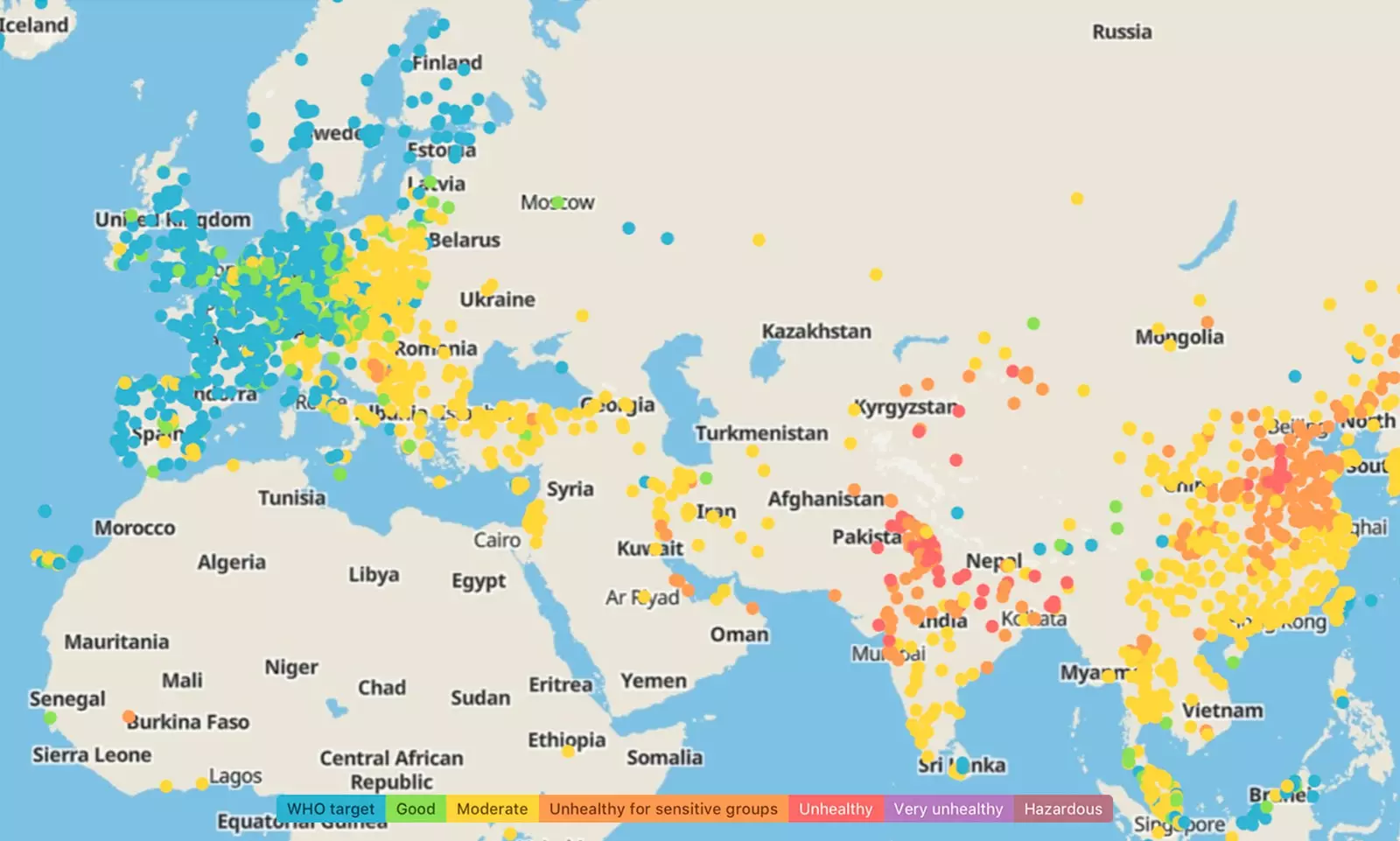 Air pollution map in the world in 2020