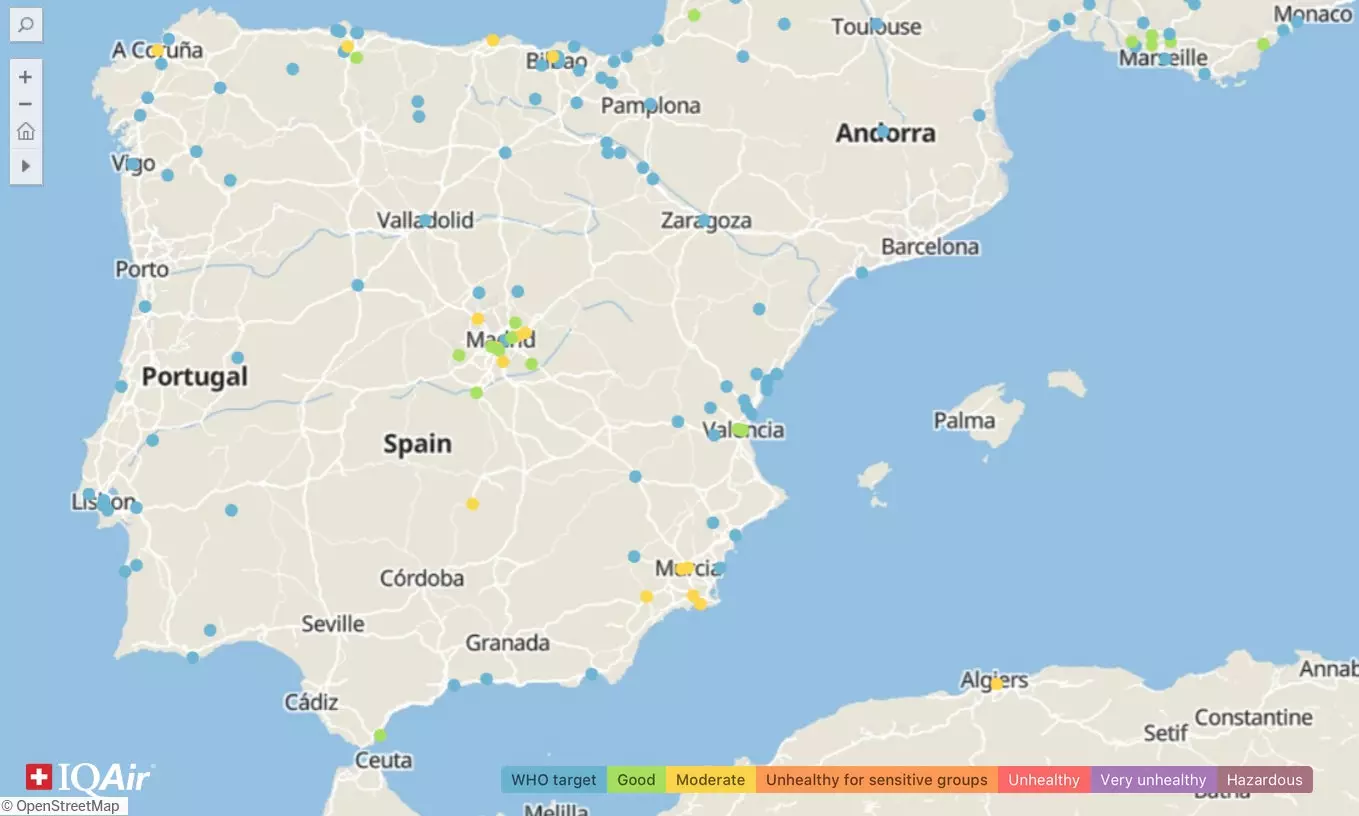 Mapa da poluição do ar na Espanha em 2020