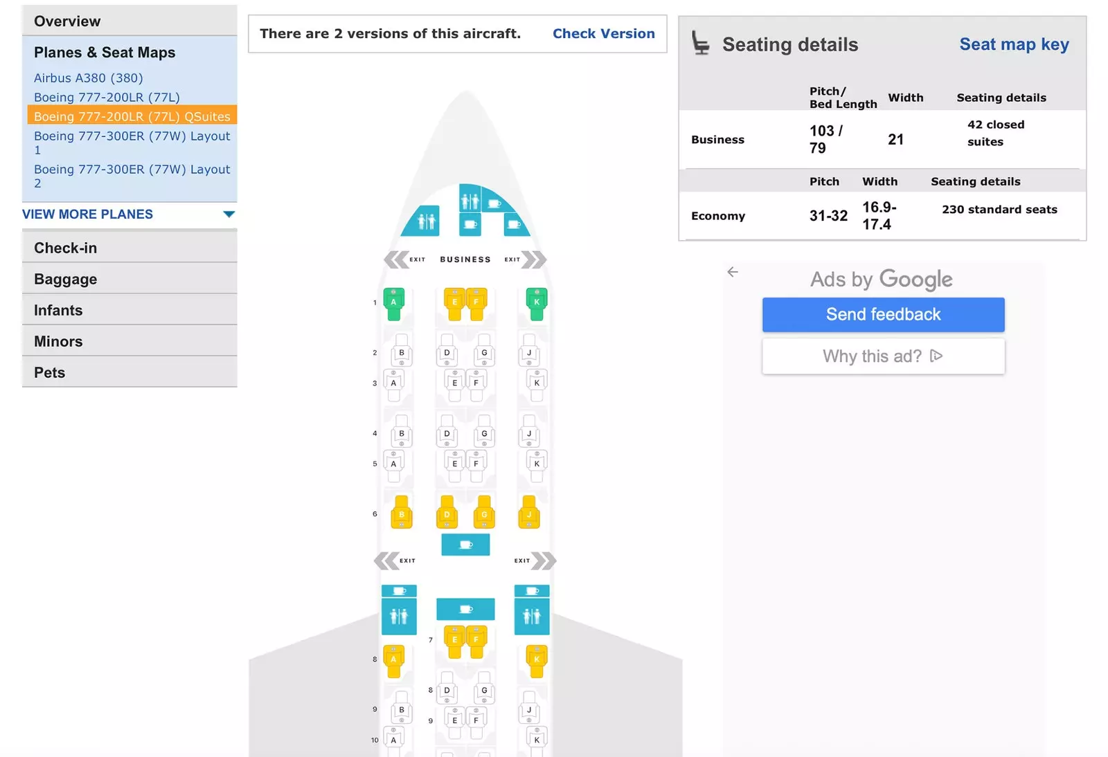 Snimak ekrana provjeri sjedišta u avionu