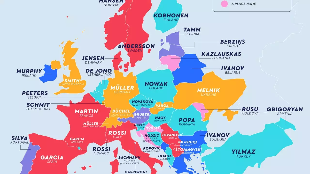 La carte montrant les noms de famille les plus courants dans chaque pays