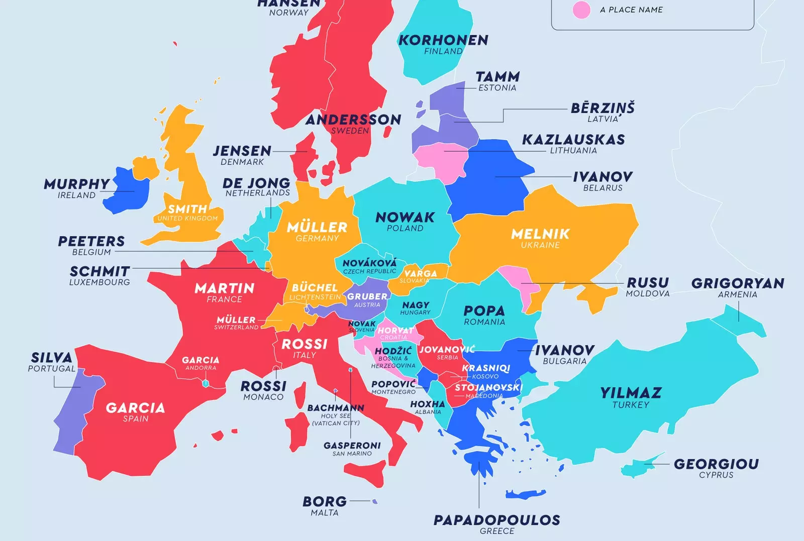 Mapa zobrazující nejběžnější příjmení v každé zemi