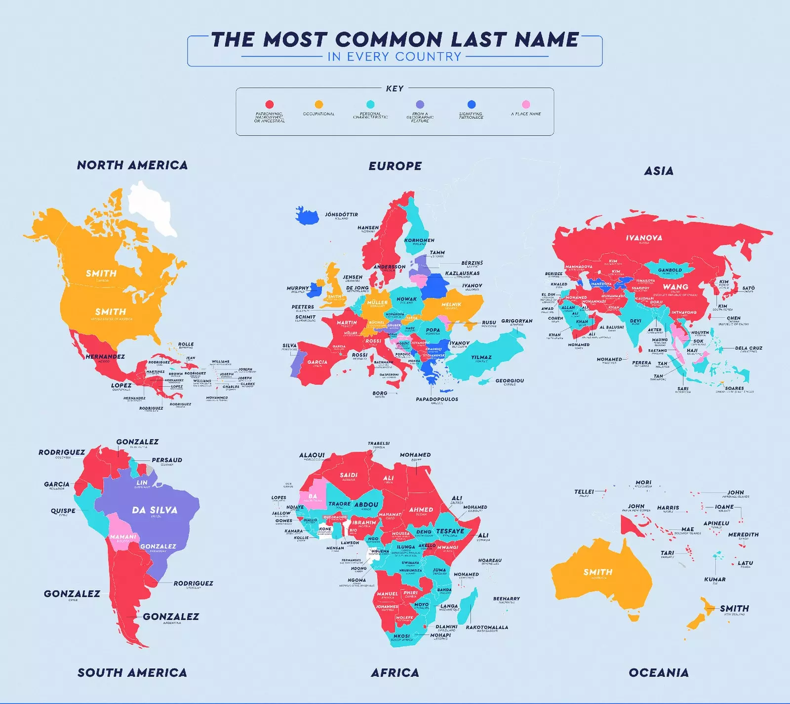 Infografika az egyes országok leggyakoribb vezetékneveivel