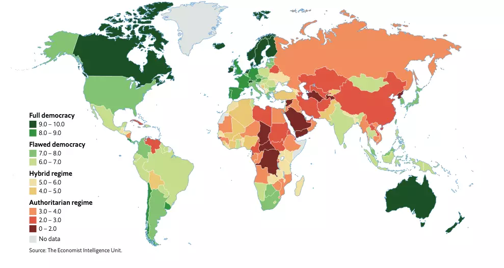 Globális térkép a demokrácia típusa szerint 2019-ben