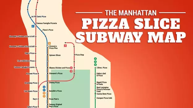 De kaart van de metro van Manhattan, via de pizzeria's