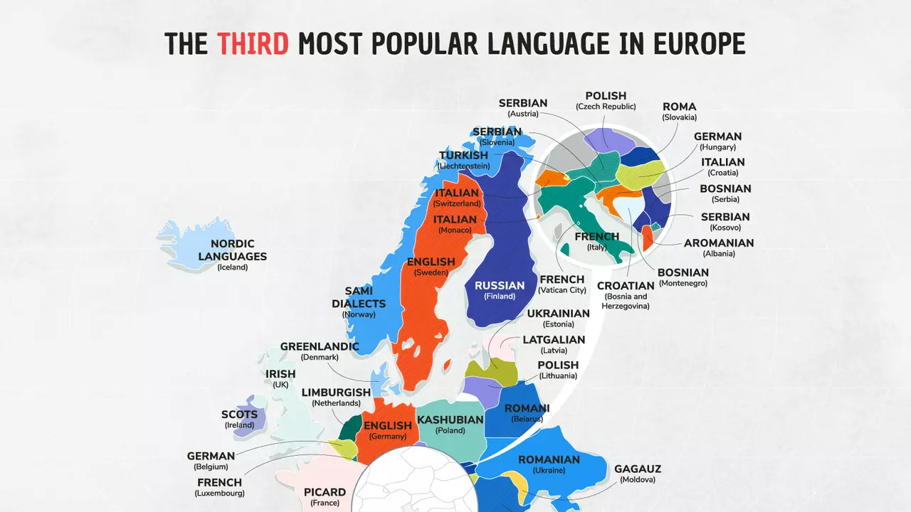 Kartet over de tredje mest talte språkene i hvert land