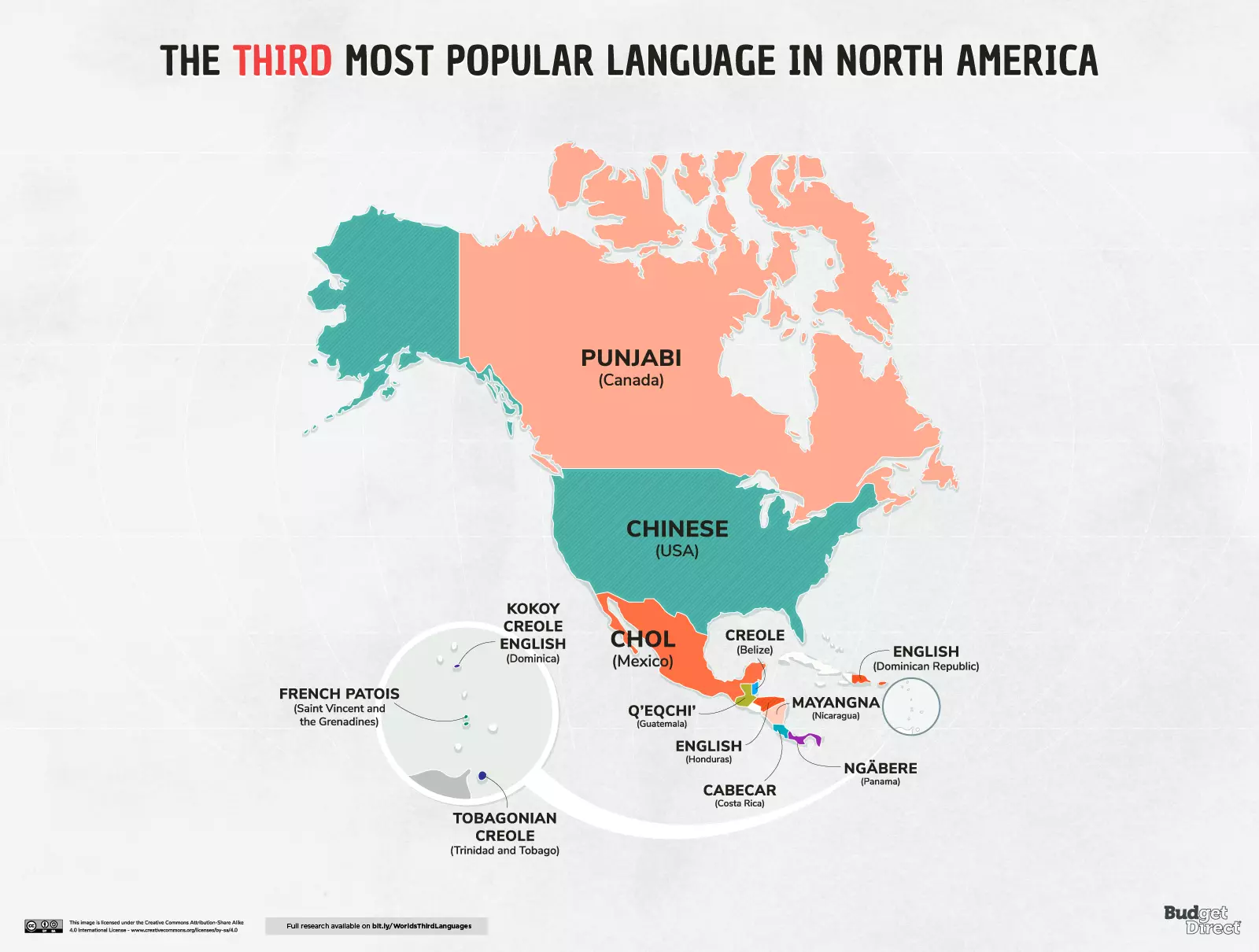 Mappa tat-tielet l-aktar lingwi mitkellma fl-Amerika ta 'Fuq