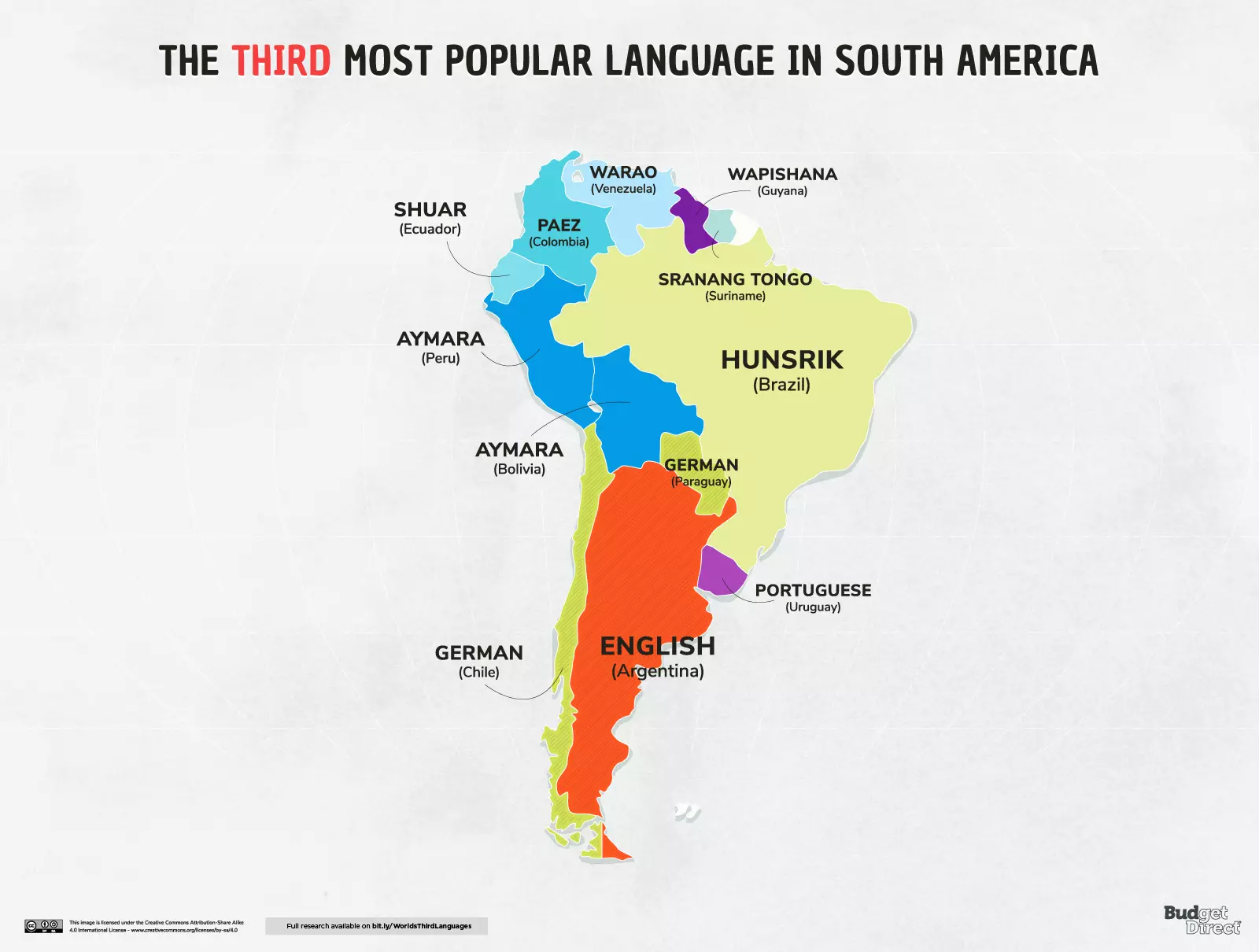 Карта третьего по распространенности языка в Южной Америке