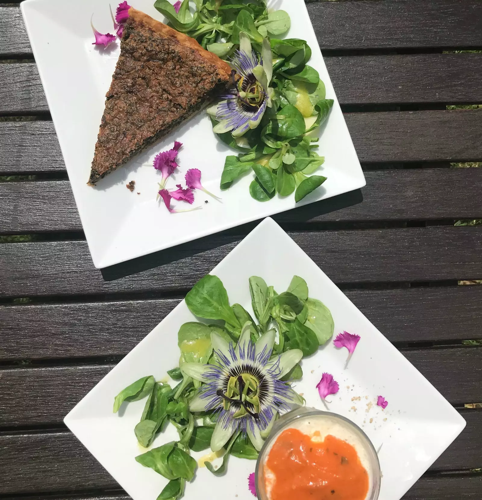 Breton nettle cake and Breton courgette salad at Les Enfants Gatthes restaurant in Gacilly.