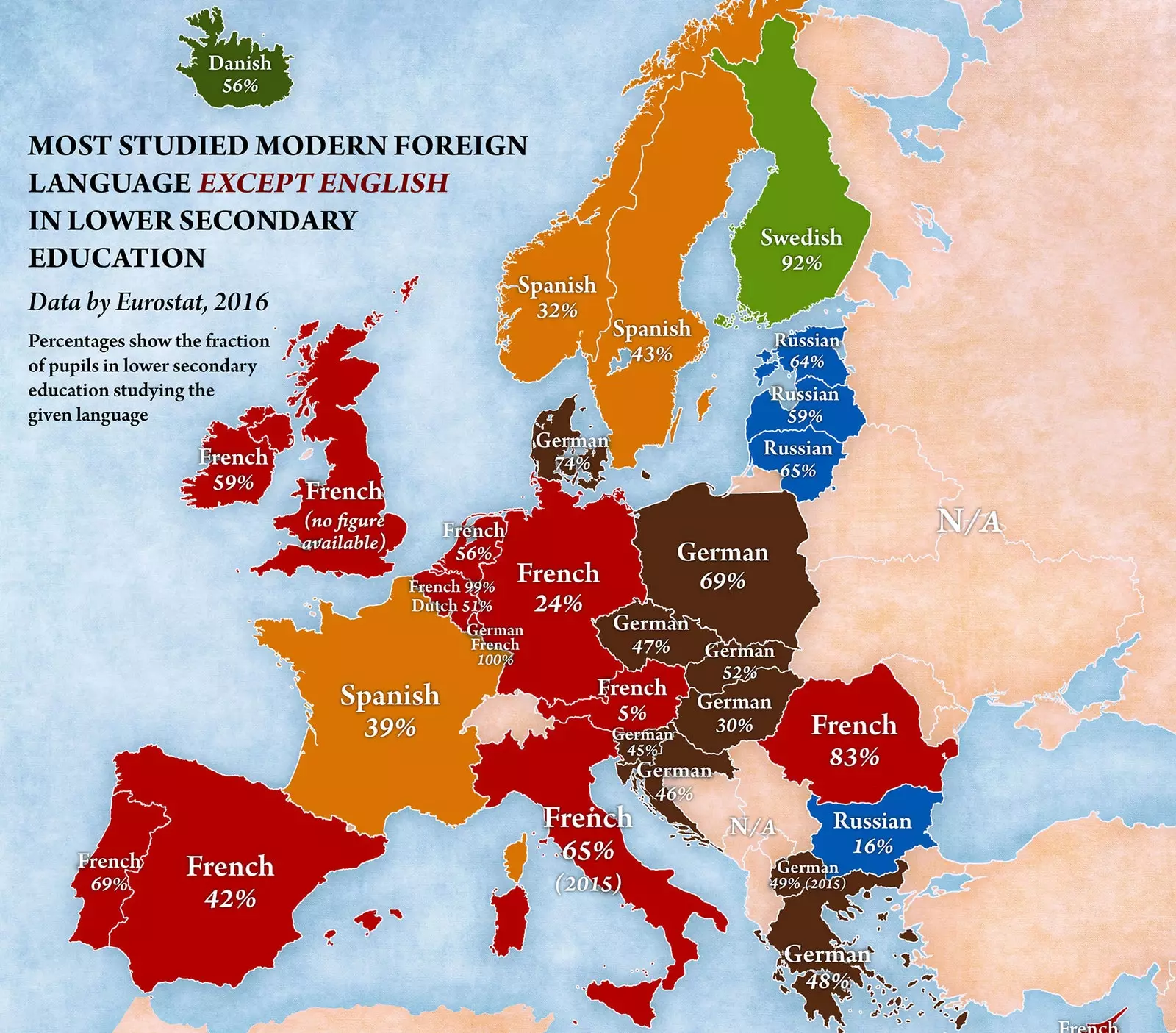 Karta koja pokazuje koji je drugi strani jezik koji mi Europljani najviše učimo