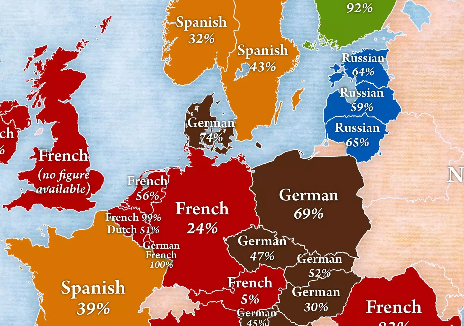 The map that shows which is the second foreign language that we Europeans study the most