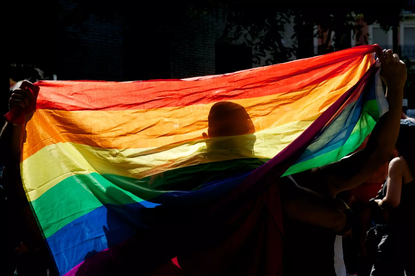 Silhuet af en person bag regnbueflaget i Madrid Pride-demonstrationen