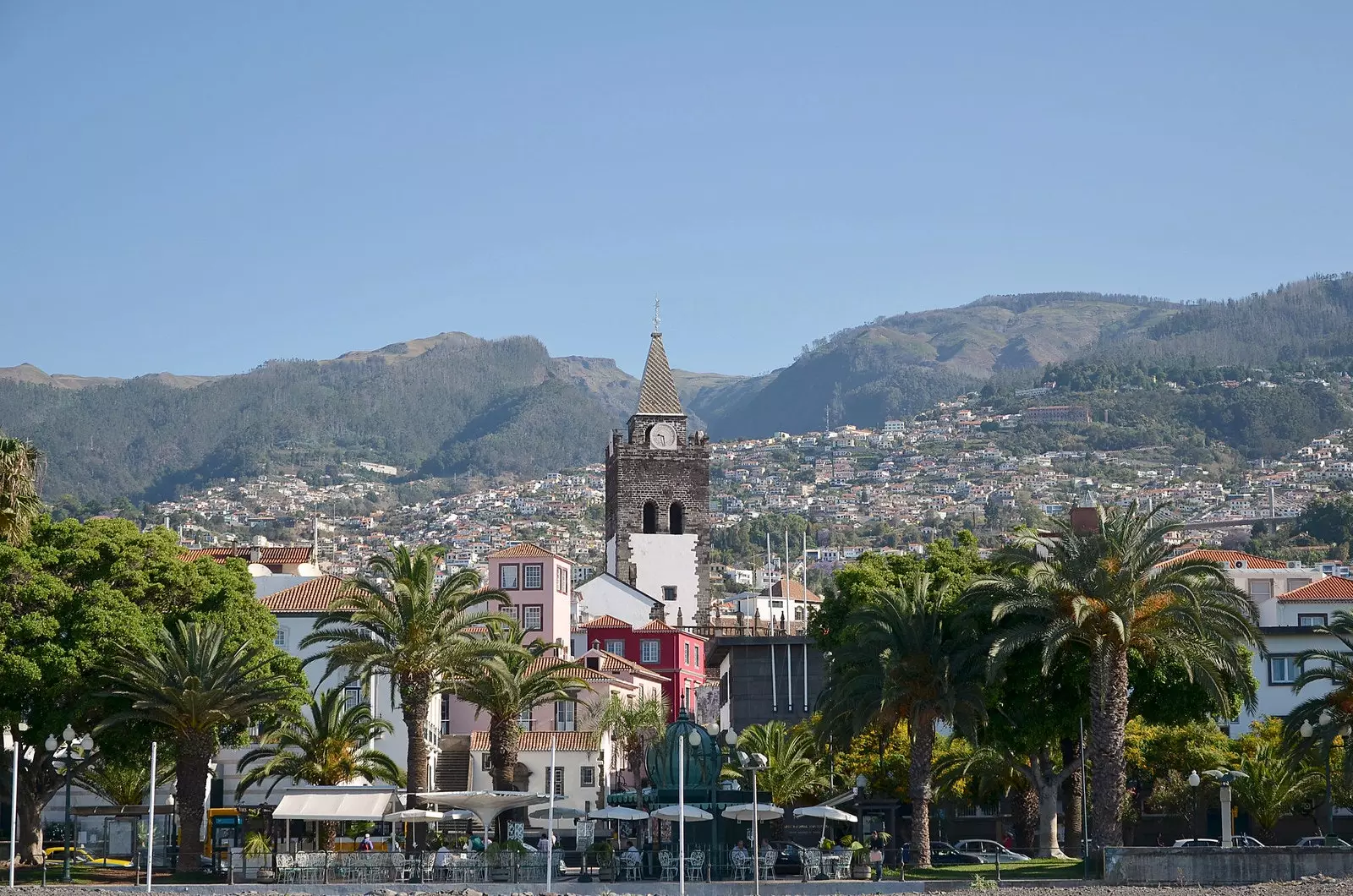 Funchal Cathedral kuzungukwa na mitende na na milima nyuma