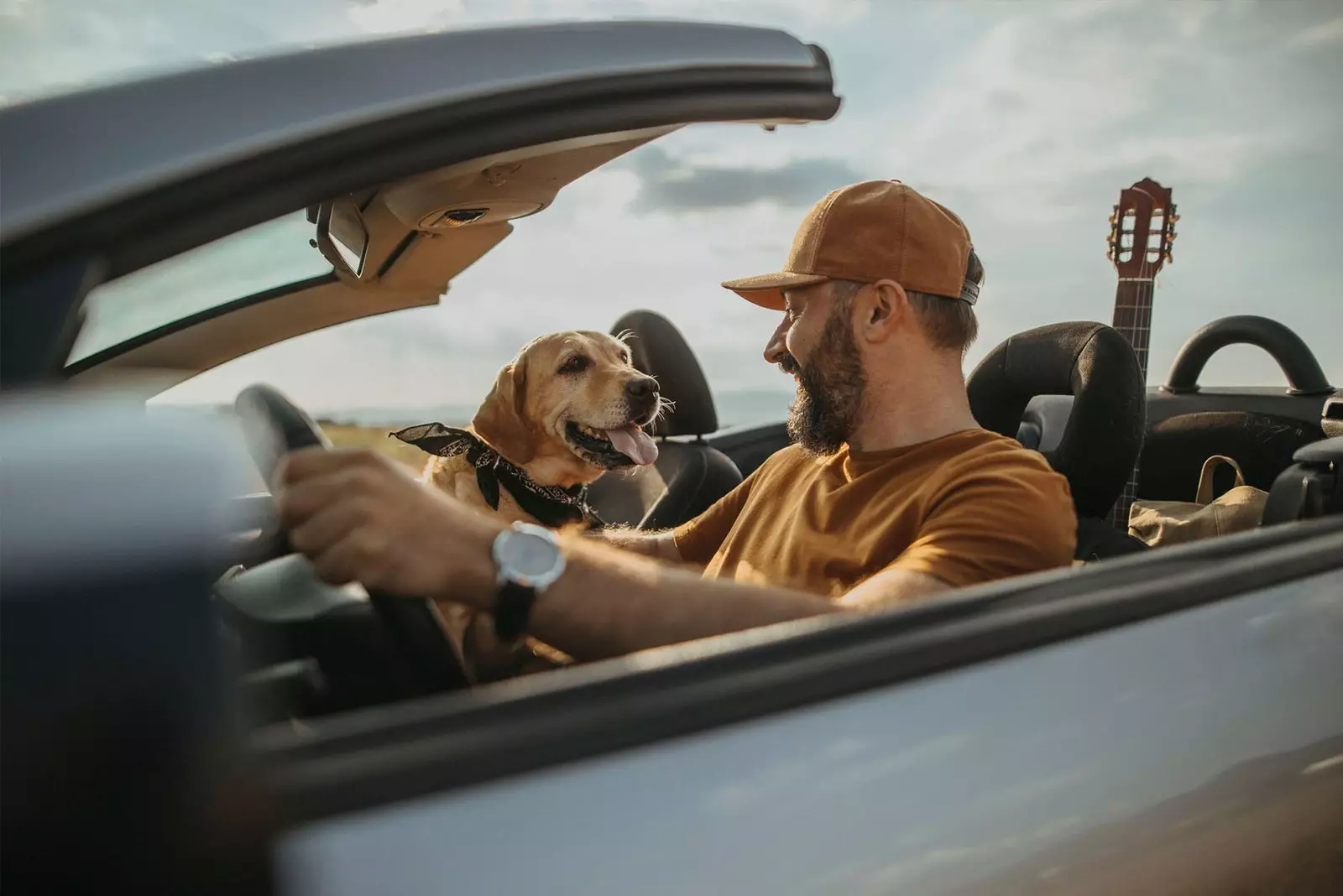 homme en voiture avec chien