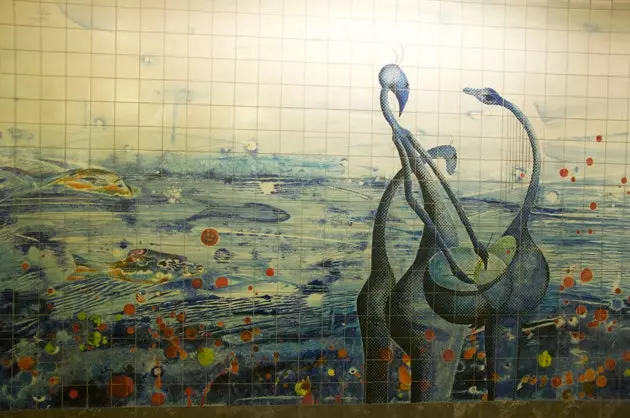 Impressive tile mural in the Oriente Metro.