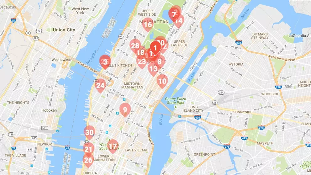 The map of the 30 most expensive houses for sale in New York