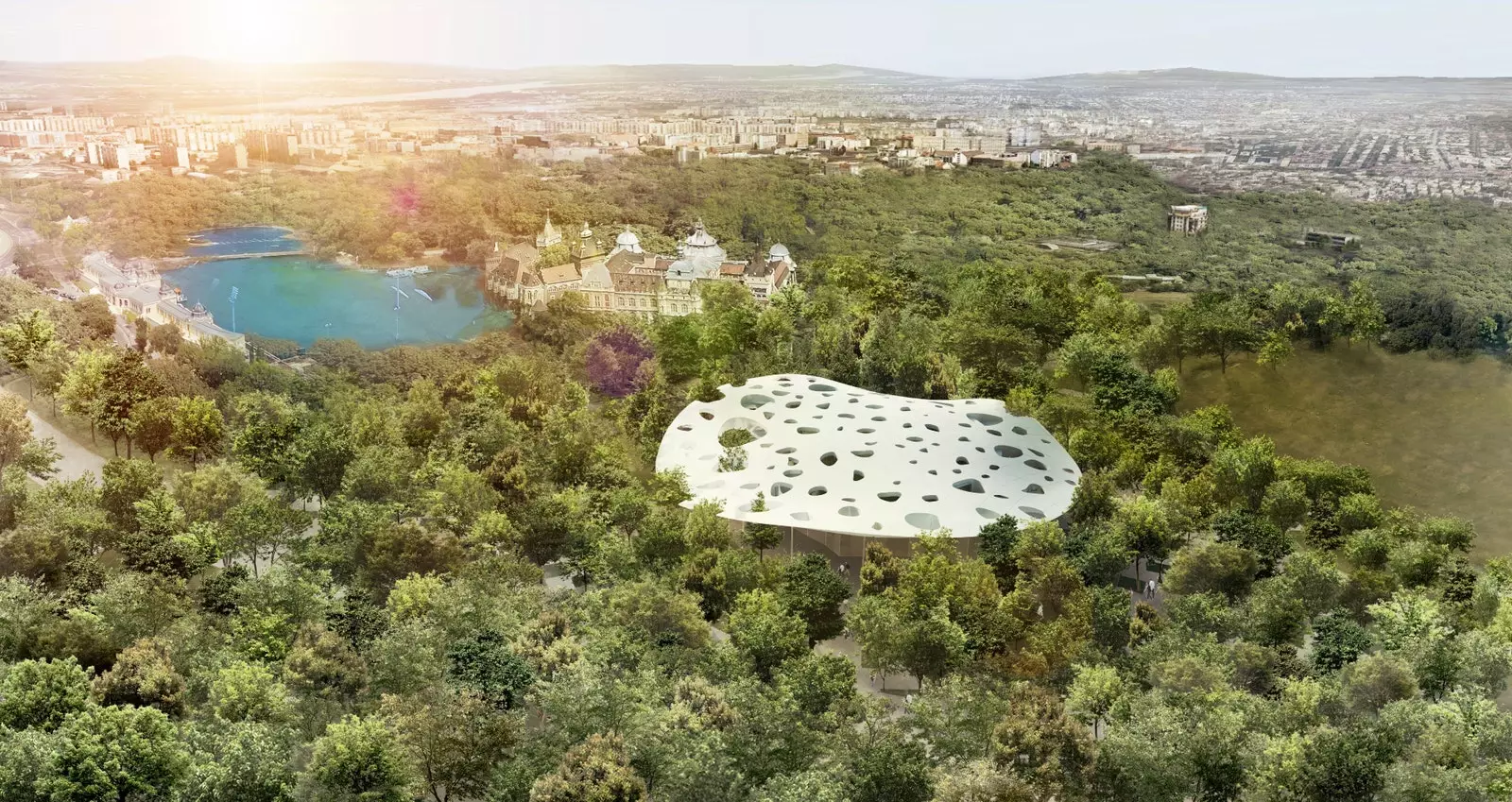 A Casa da Música Húngara está cuidadosamente integrada na floresta.