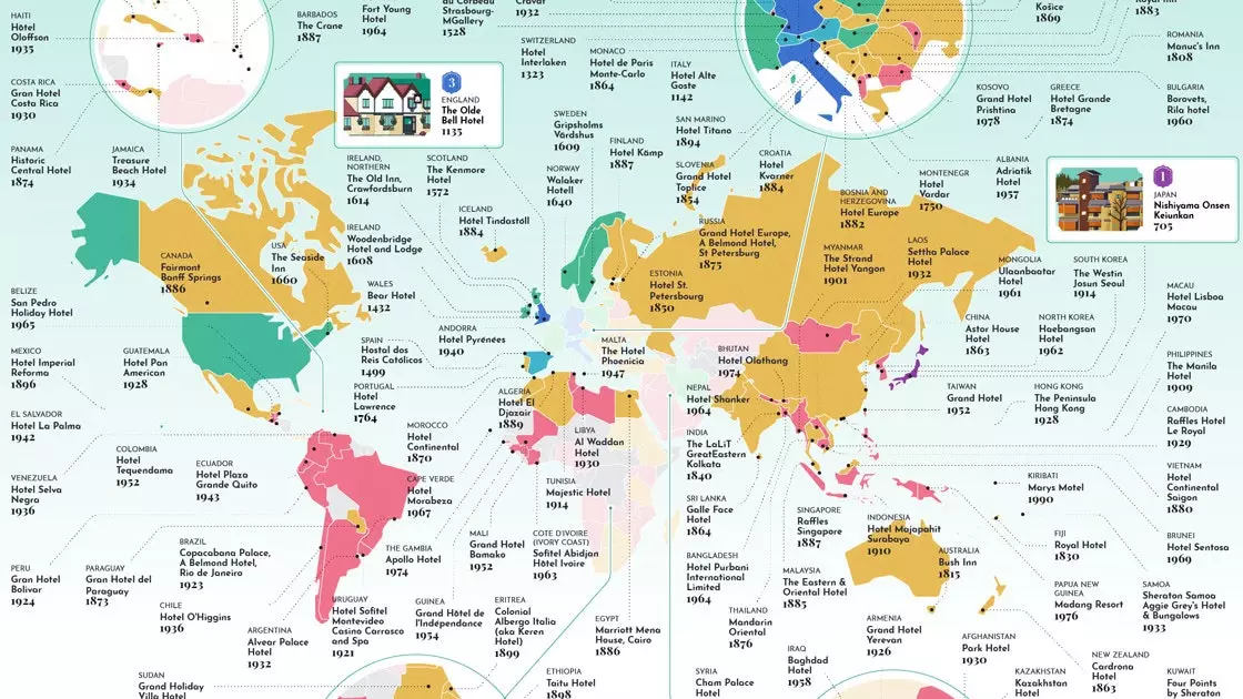 各国で最も古いホテルの地図