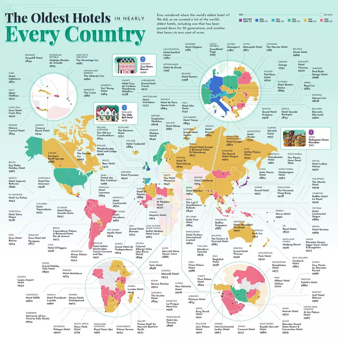 Karte mit den ältesten Hotels in jedem Land