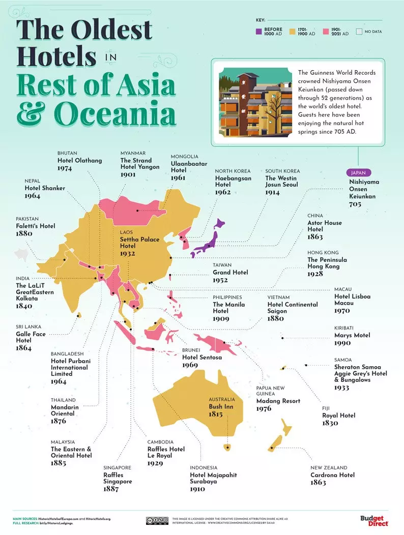 各国で最も古いホテルの地図