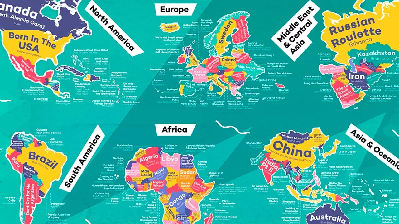På den här kartan ser du låtarna med namnet på varje land som lyssnas mest på i världen