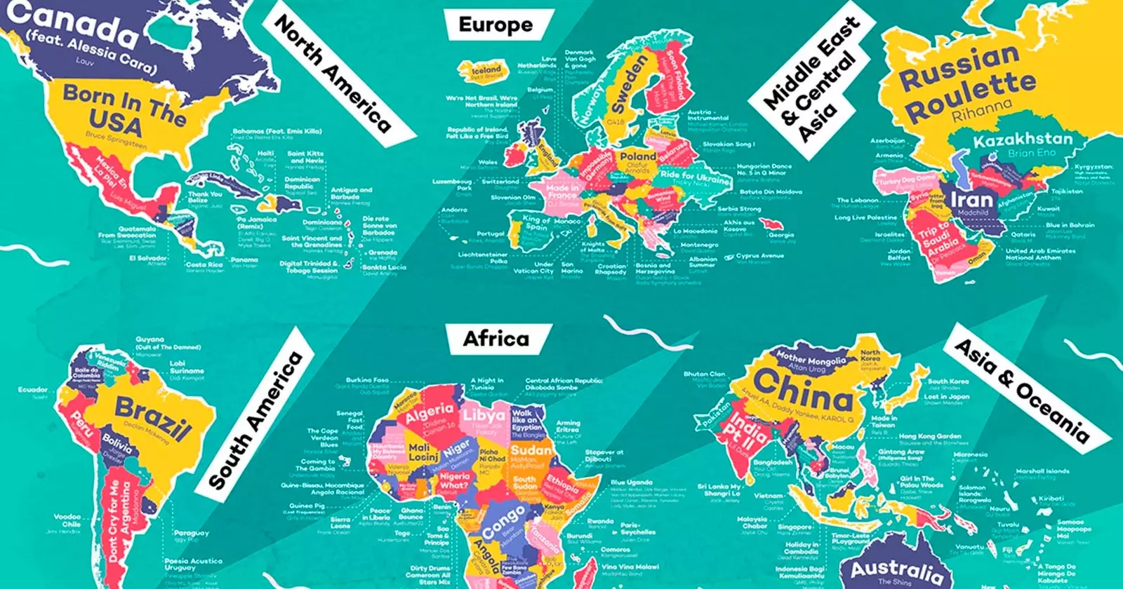 mapa sveta s názvami krajín podľa najpočúvanejších skladieb