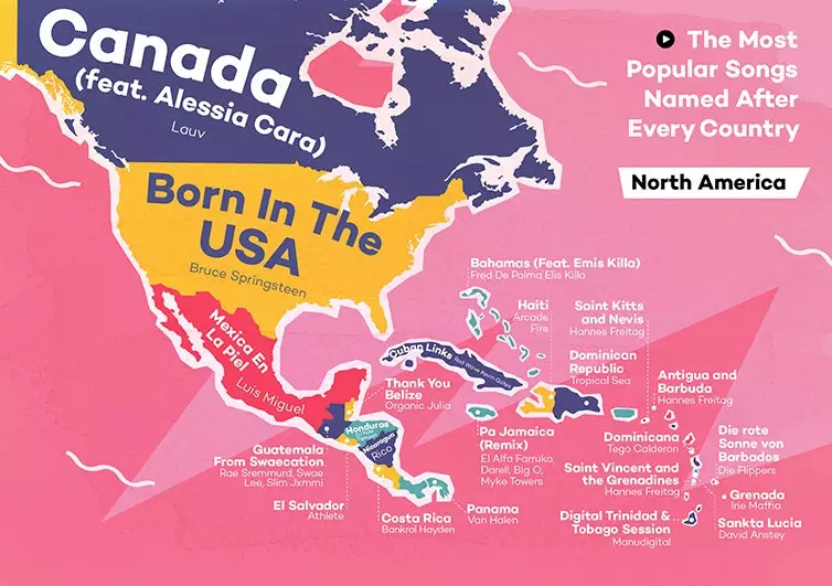 north america map with country names according to most listened songs