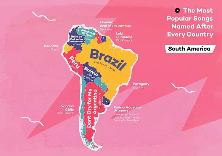 map of south america with names of countries according to most listened to songs