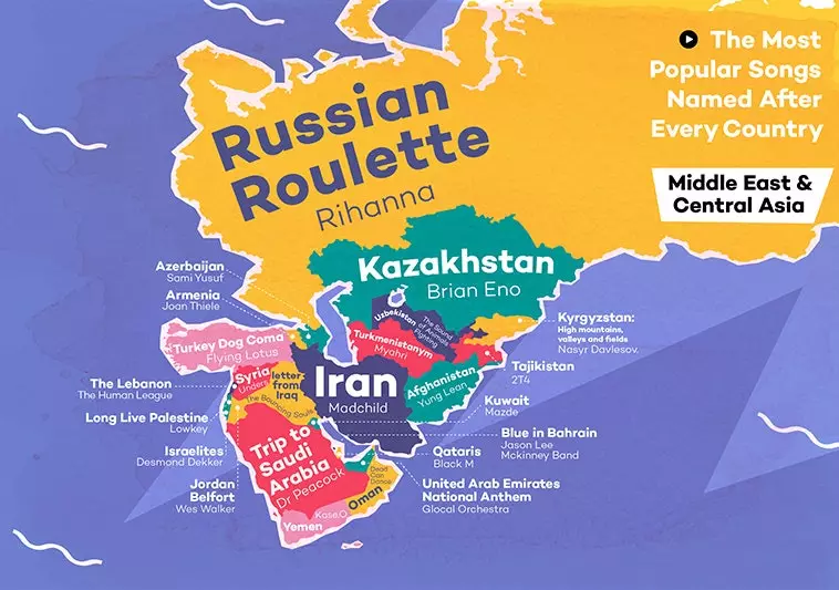 Midtøsten Sentral-Asia kart med landnavn i henhold til de mest lyttede sangene