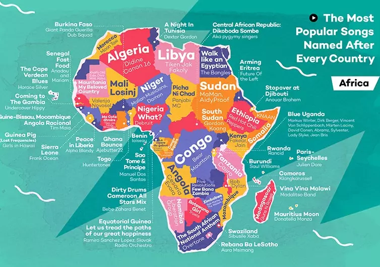 map of africa with names of countries according to most listened songs