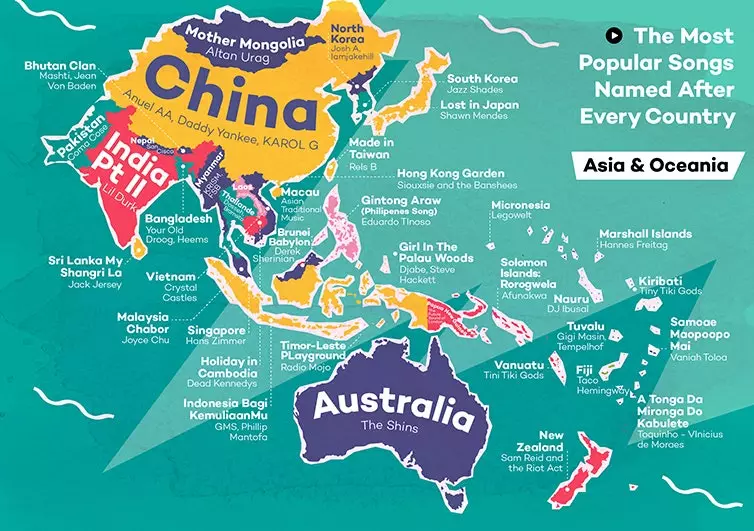 mapa da ásia e oceania com nomes de países de acordo com as músicas mais ouvidas