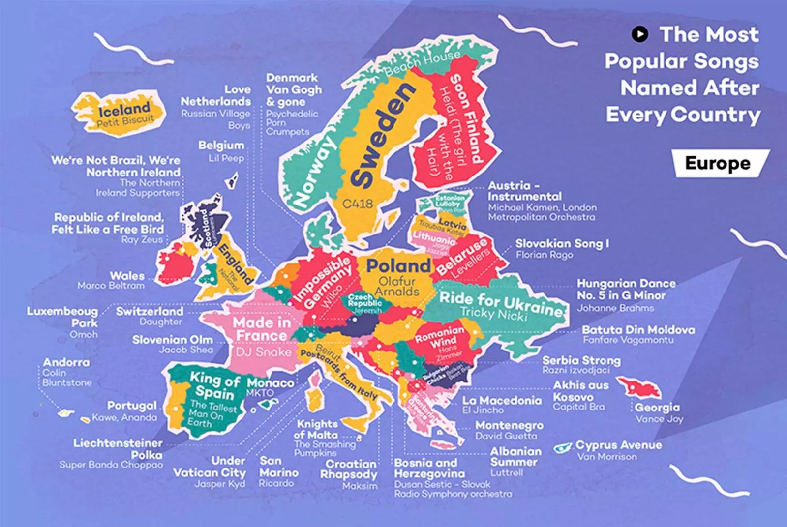 mapa Evropy s názvy zemí podle nejposlouchanějších skladeb