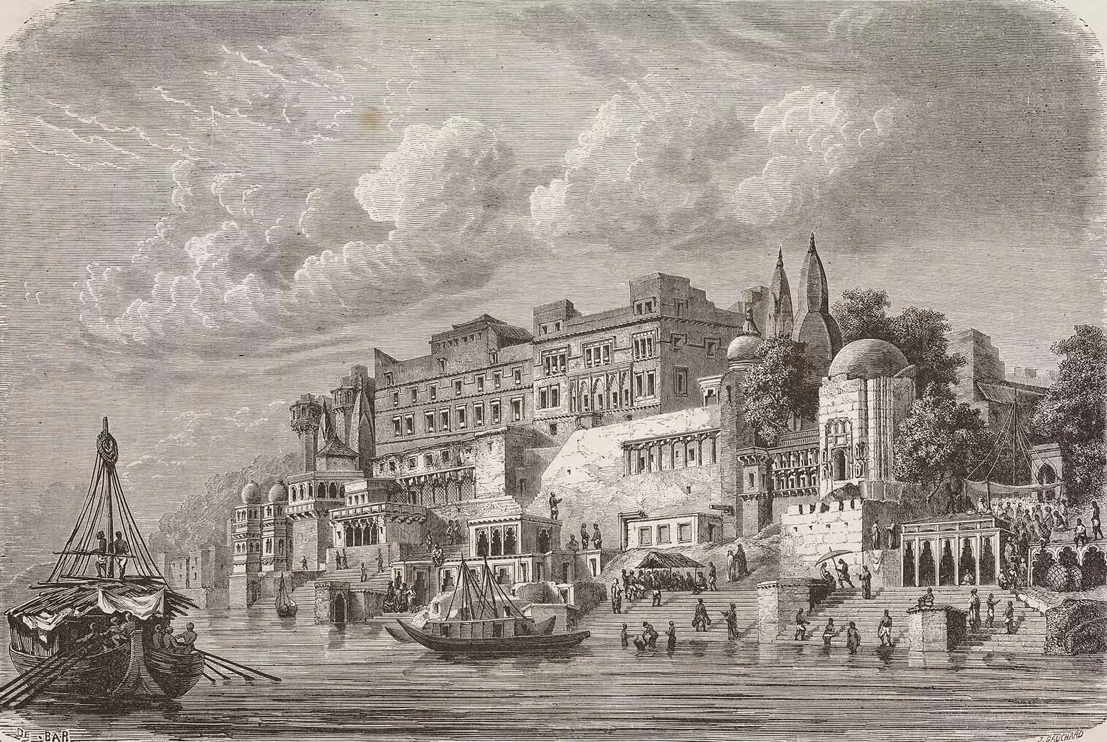 Drawing by A. de Bar of the globetrotter's journey to Varanasi