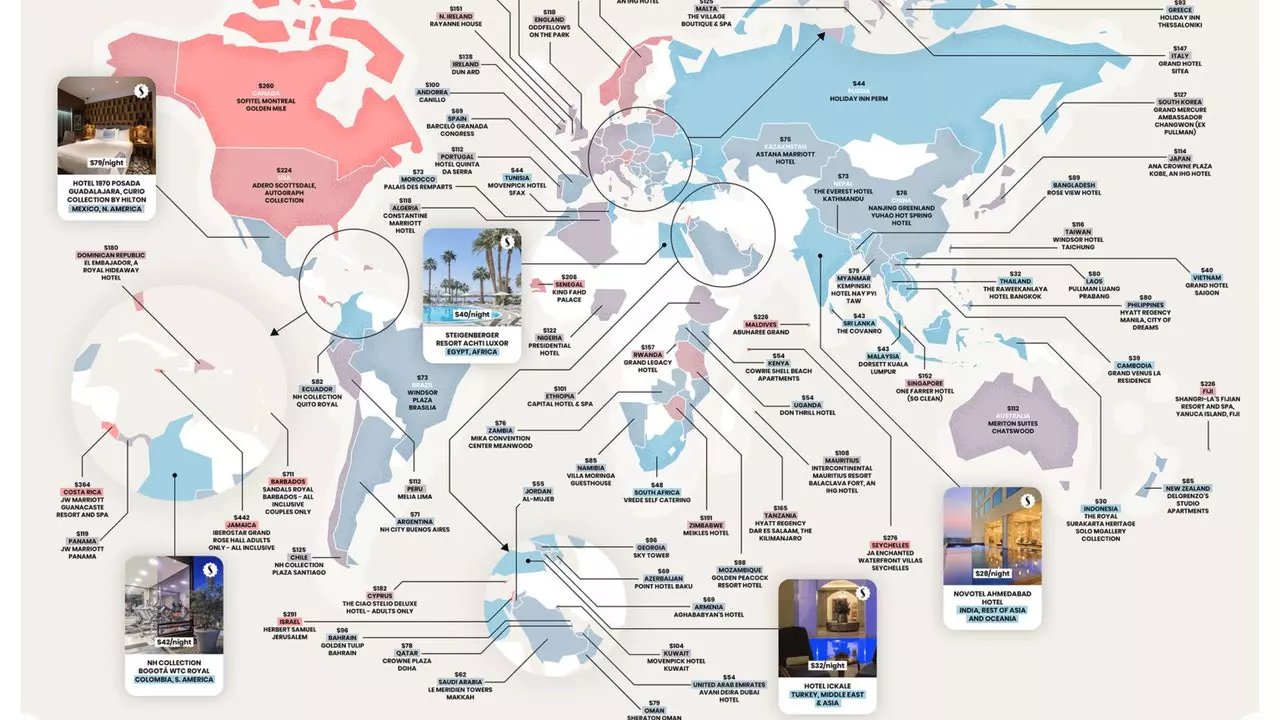 Карта з найдешевшими п'ятизірковими готелями в кожній країні