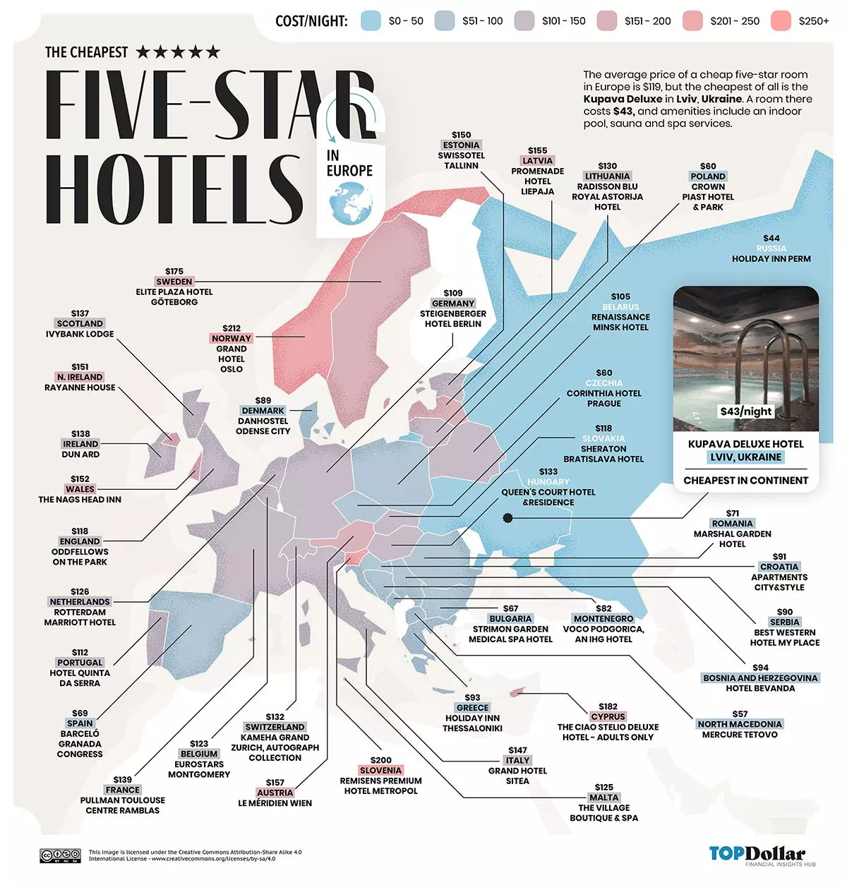 Map with the cheapest five-star hotels in the world