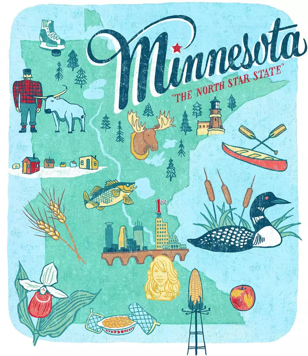 Pohľadnicová mapa ikonickej Minnesoty