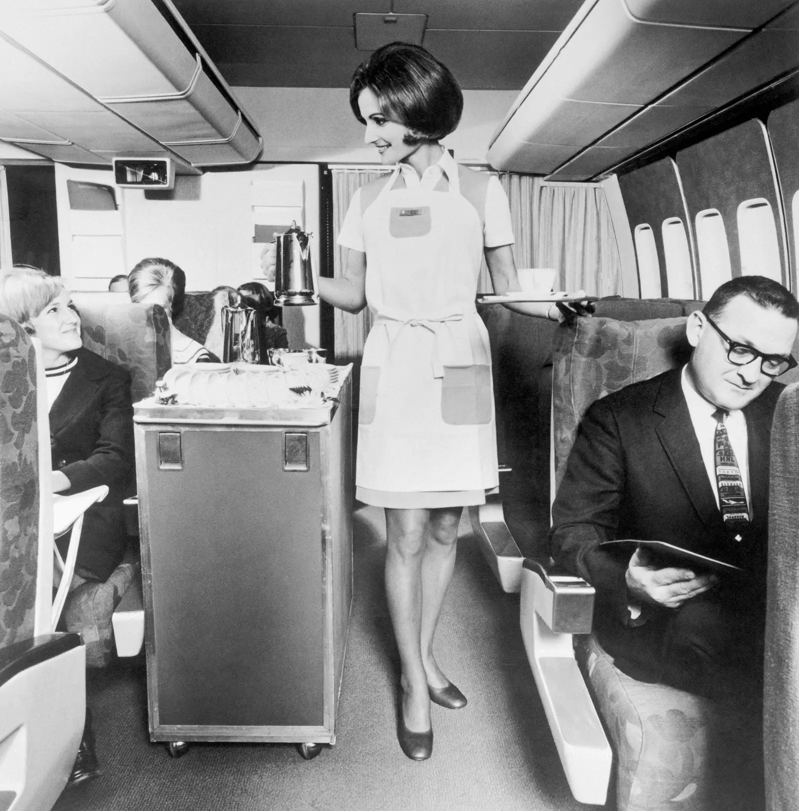 Economy class cabine op de eerste vlucht van de Pan Am Boeing 747