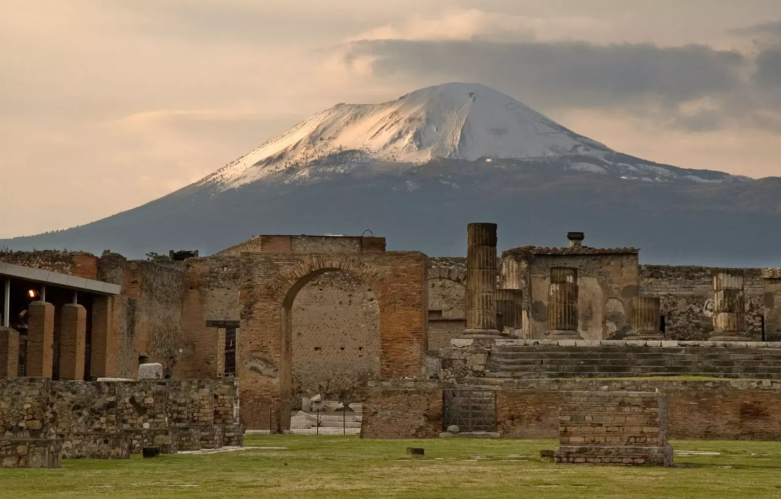 The Pompeii forum with the looming Vesuvius in the background.