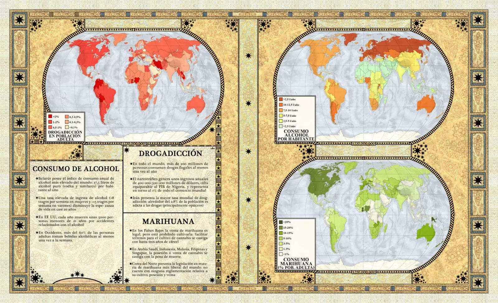 दुनिया में शराब और मारिजुआना की खपत के नक्शे।