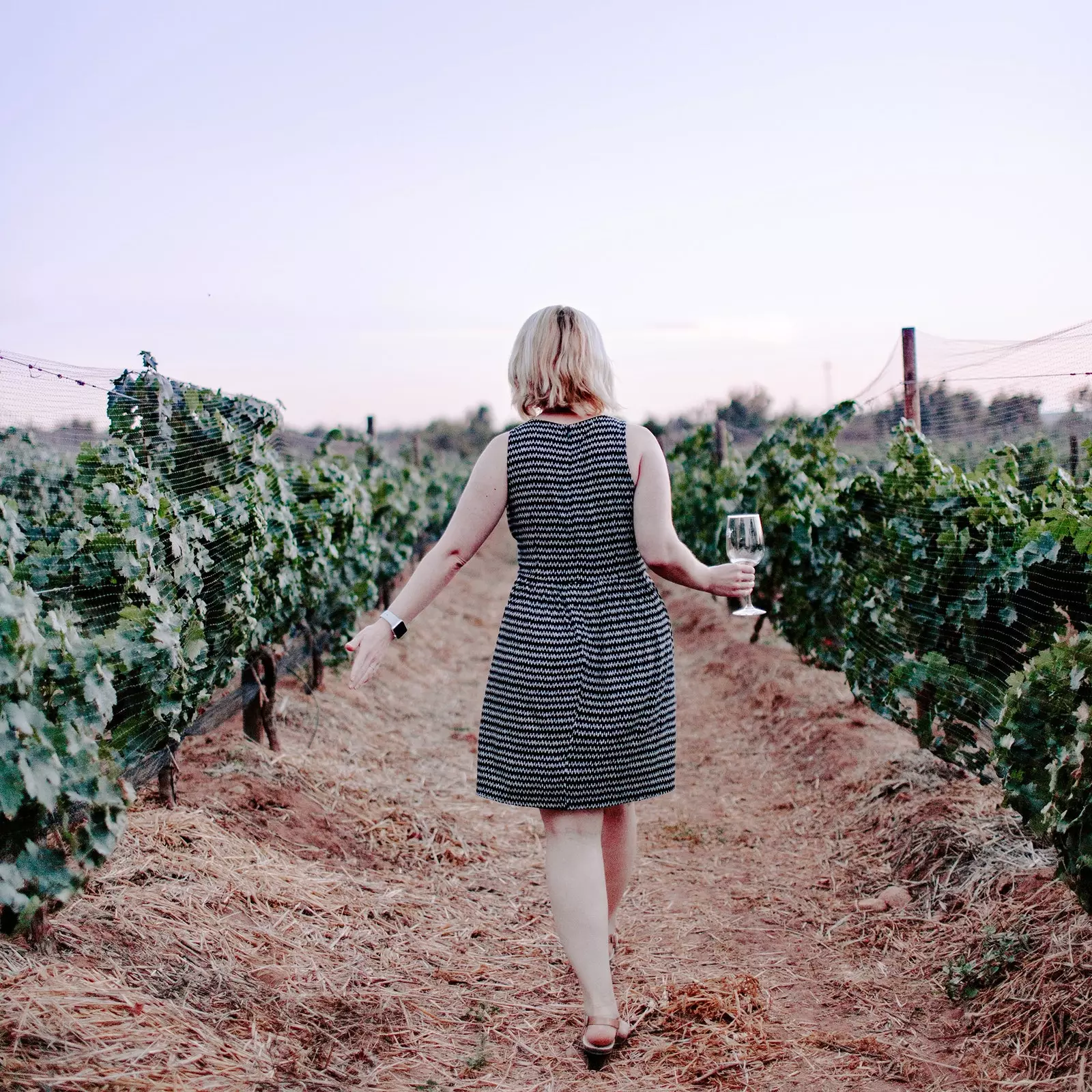 Woman walking through vineyards