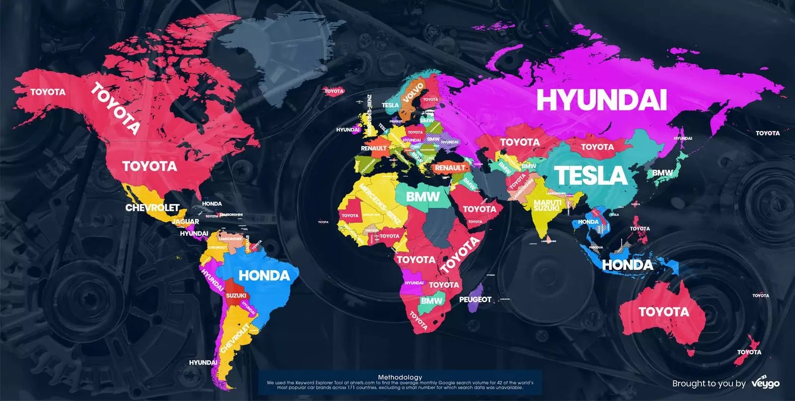 mapa značek aut nejvyhledávanějších na Googlu podle země